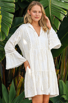 Serafina white cotton mini dress with ivory embroidery and lace sleeves at Bohemian Love Runway 