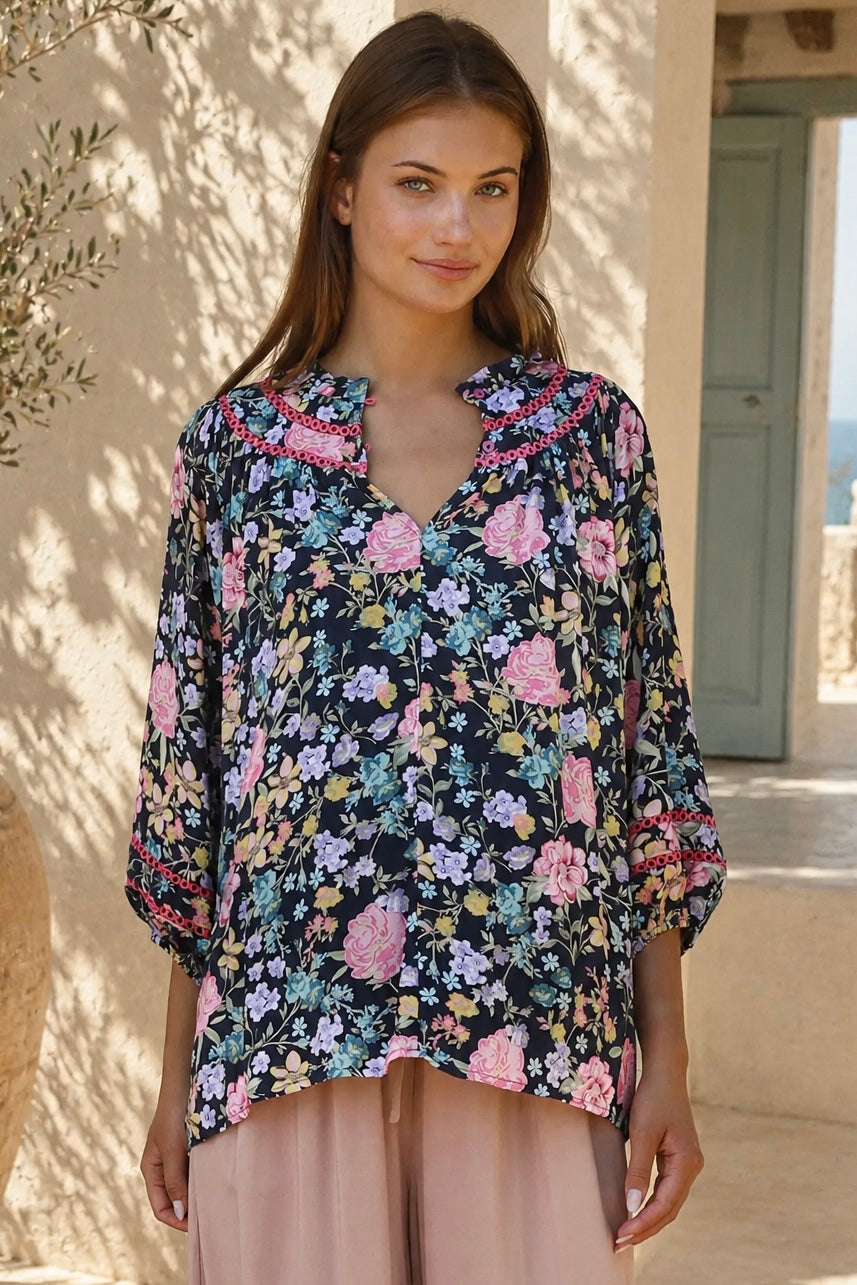 Primrose navy floral boho blouse in 100% rayon by Charlotte The Label | Bohemian Love Runway