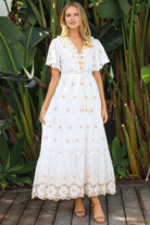 Honeyed Garden white cotton boho dress with ivory beige floral embroidery and lace detailing