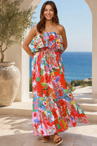 Scarlet floral strapless maxi dress by Dreamcatcher with double frill, waist tie and oversized frill hem