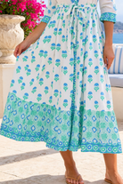 Lovebird Cotton Midi Dress Blue by Peacock Feather, white cotton boho midi dress with blue floral and border prints