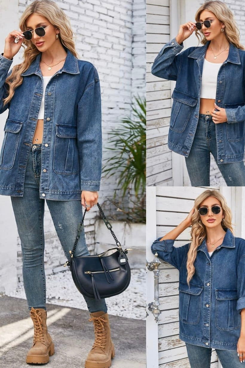 Oversized two-tone blue denim jacket with patch pockets worn over denim jeans - Bohemian Style Australia.