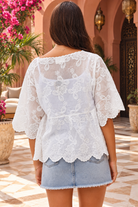 Giselle white boho embroidered cotton top by Willow the Label with scalloped V-neckline, floral embroidery and half sleeves