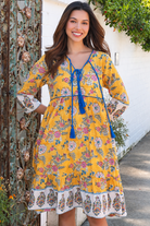 Golden Dahlia Peacock Feather cotton boho dress with cobalt tassels and ornate floral border print