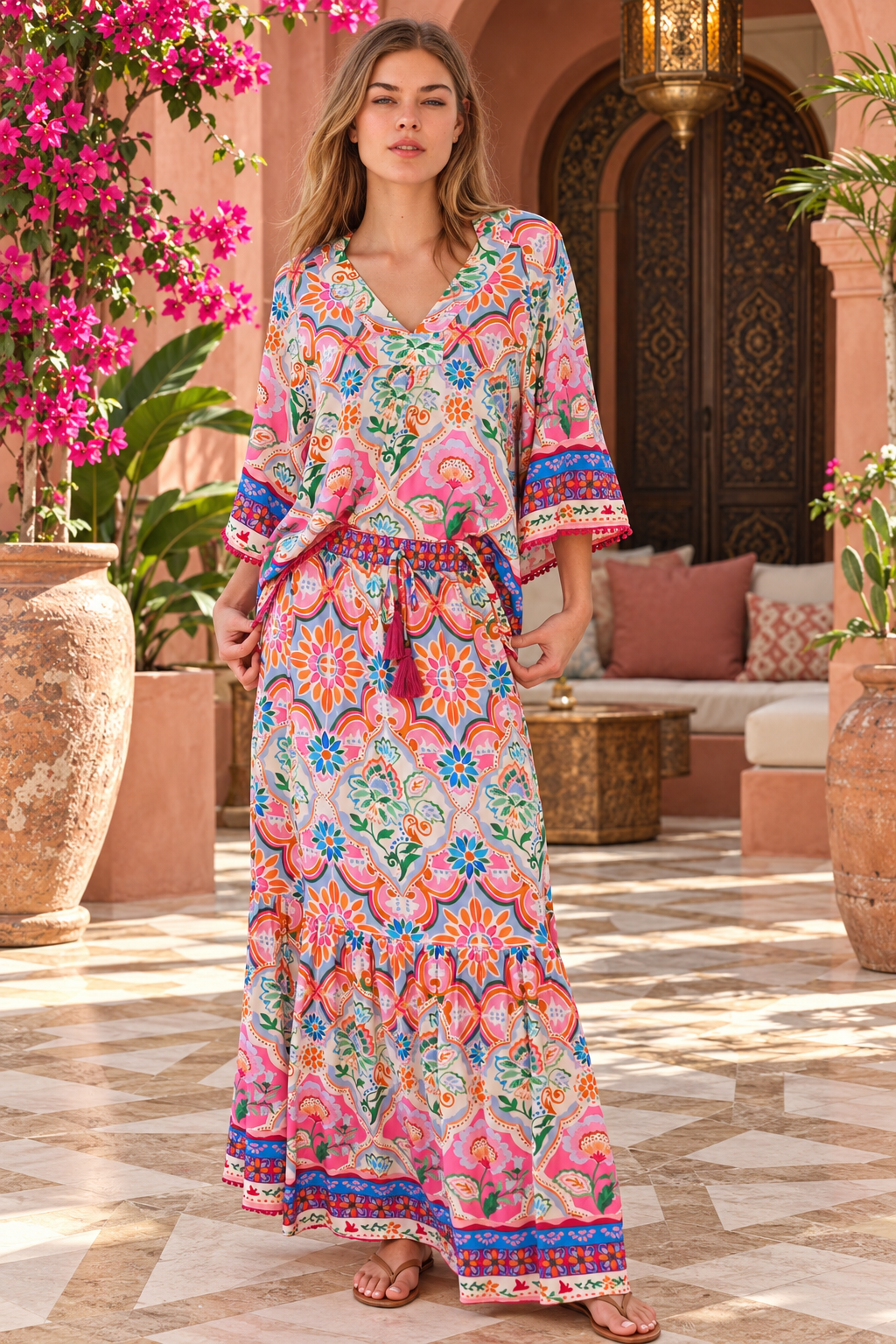 Dreamcatcher Aurora Pink Mosaic maxi skirt with elastic tie waist and oversized frill hemline | Bohemian Love Runway 