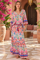 Dreamcatcher Aurora Pink Mosaic maxi skirt with elastic tie waist and oversized frill hemline | Bohemian Love Runway 