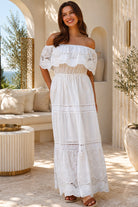 Rose white embroidered cotton maxi dress with off-shoulder floral lace, tiered skirt and scalloped rose hem