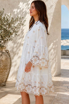 Honeyed Garden white cotton embroidered mini dress with floral cutwork hem and sleeves at Bohemian Love Runway