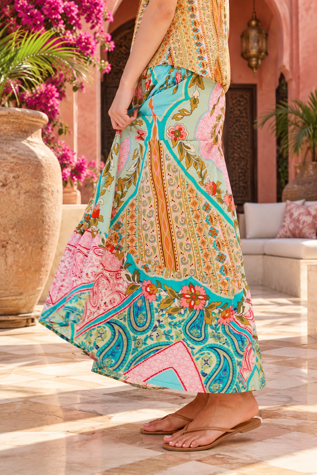 Amara floral boho maxi skirt with drawstring waist and tassel ties by dreamcatcher | Bohemian Love Runway 