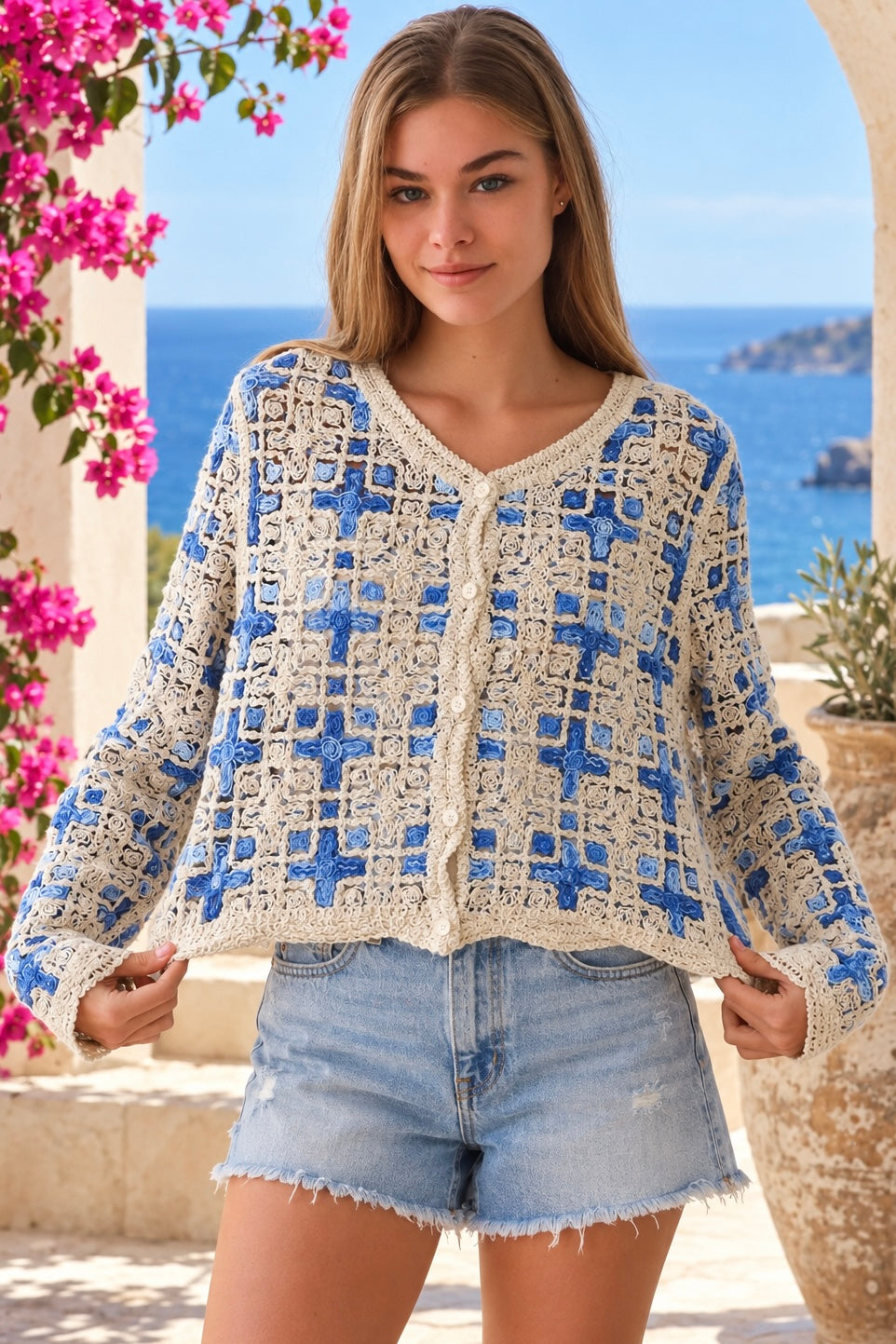 Blue and ivory cotton crochet boho cardigan with intricate open weave, V-neck, buttons and scalloped edging