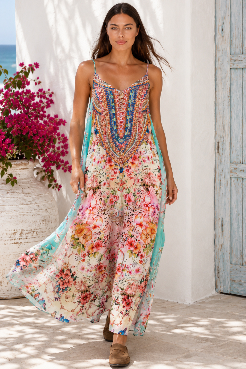 Peacock Feather Mirage floral maxi dress with adjustable straps and rhinestone embellished bodice