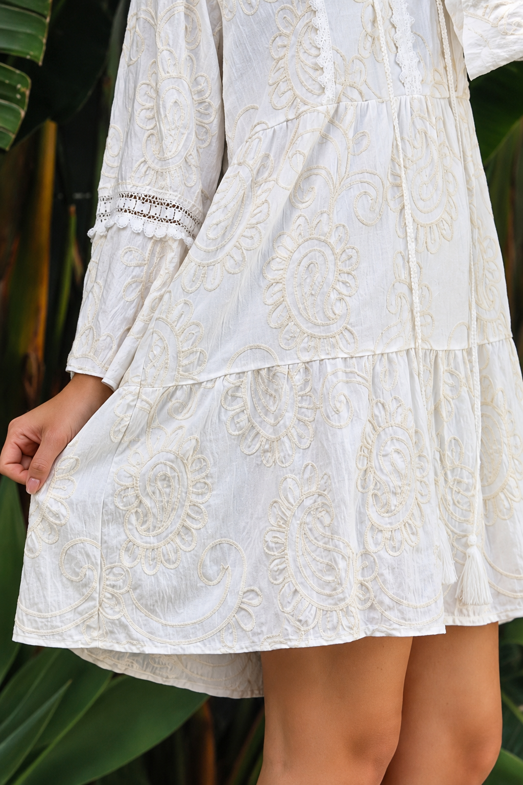 Serafina white cotton mini dress with ivory embroidery and lace sleeves at Bohemian Love Runway 