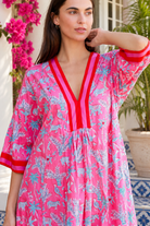 Sanctuary Pluto Pink cotton boho midi dress with turquoise wildlife block print, V-neckline and contrast trim