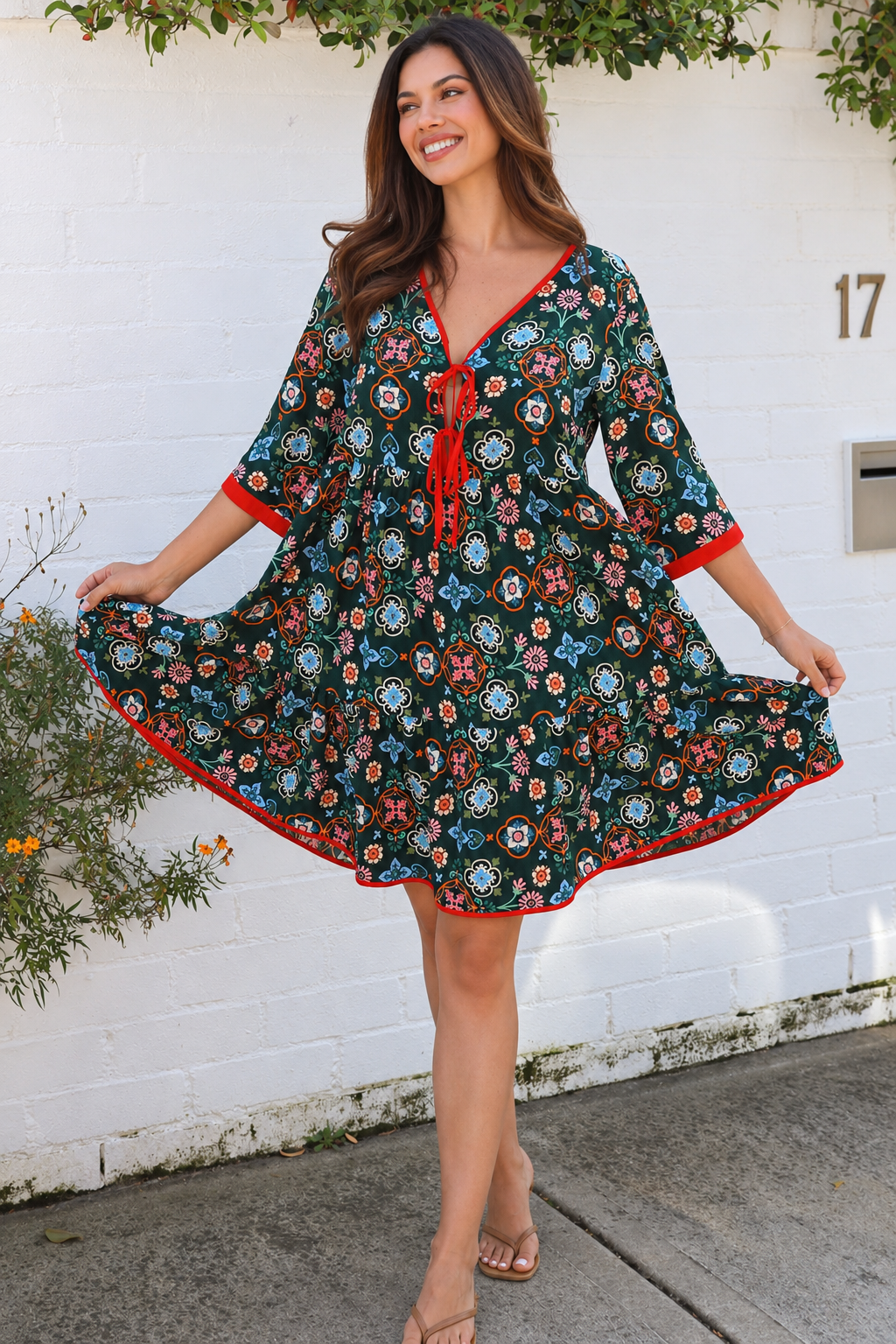 Emily rayon boho mini dress empire line waist, tie front with three quarter sleeves | Bohemian Love Runway 