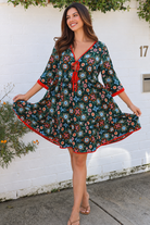 Emily rayon boho mini dress empire line waist, tie front with three quarter sleeves | Bohemian Love Runway 