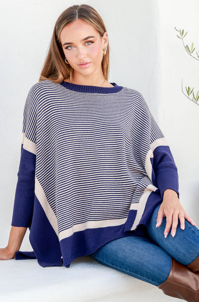 MIRACLE | LUNA PONCHO KNIT SWEATER NAVY | Bohemian Love Runway