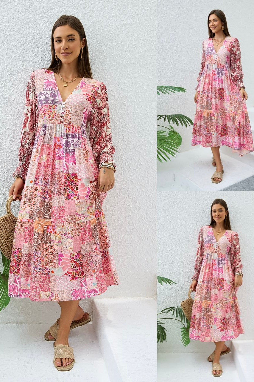 Boho woman in Sweet Dreams Fleur Midi Dress with patchwork florals and paisley prints - Bohemian Dresses Australia Bohemian Love Runway 
