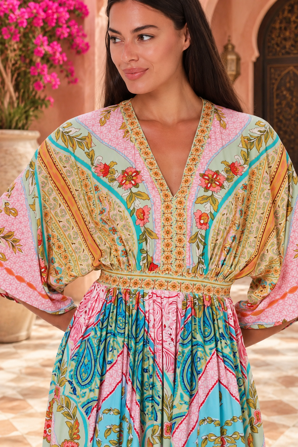 Amara pink turquoise floral paisley maxi dress by Dream Catcher with V-neck, kimono sleeves and border print