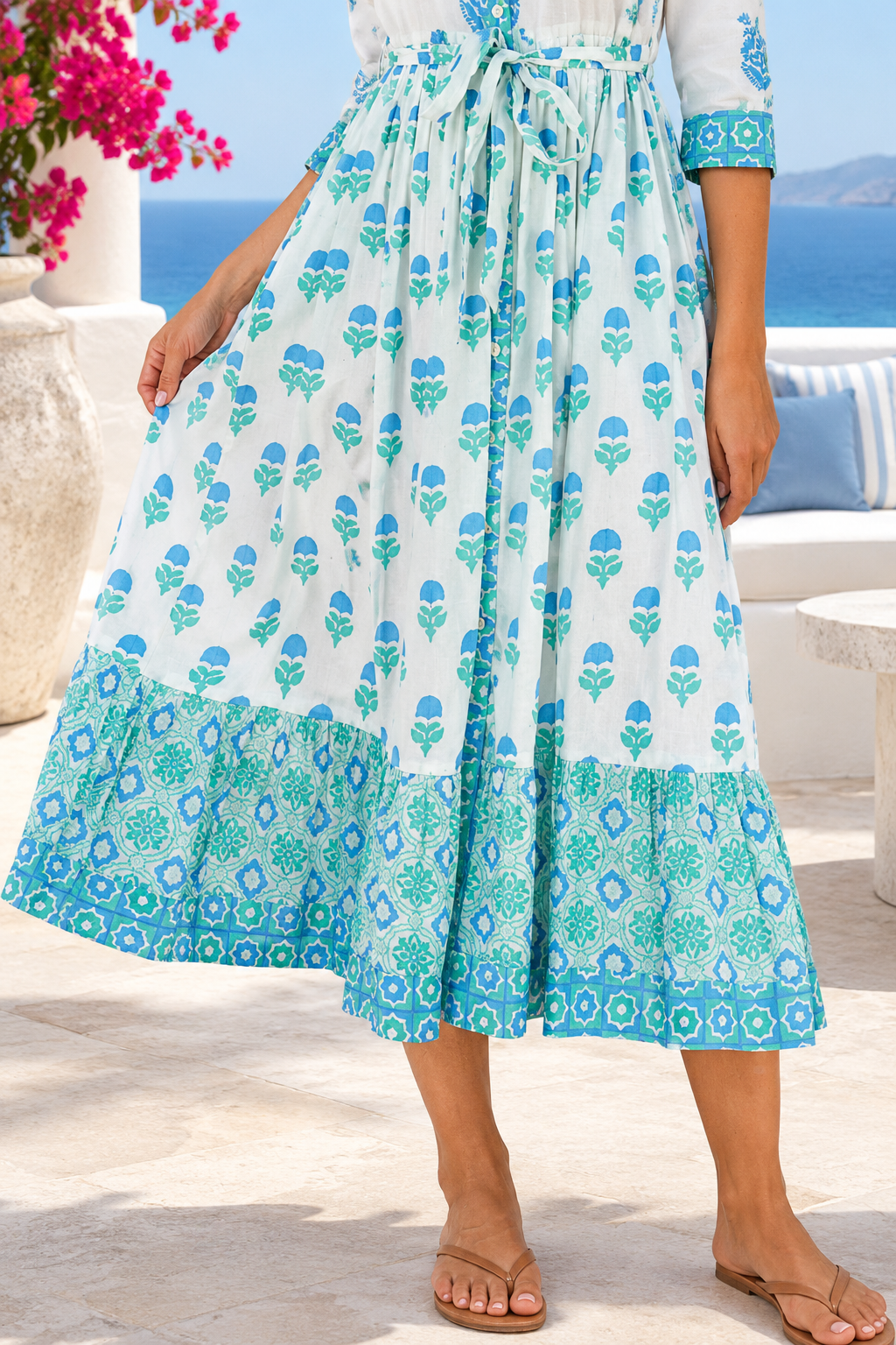 Lovebird Cotton Midi Dress Blue by Peacock Feather, white cotton boho midi dress with blue floral and border prints