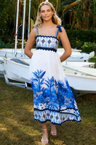 Blue and white floral boho maxi dress with statement border print at Bohemian Love Runway 