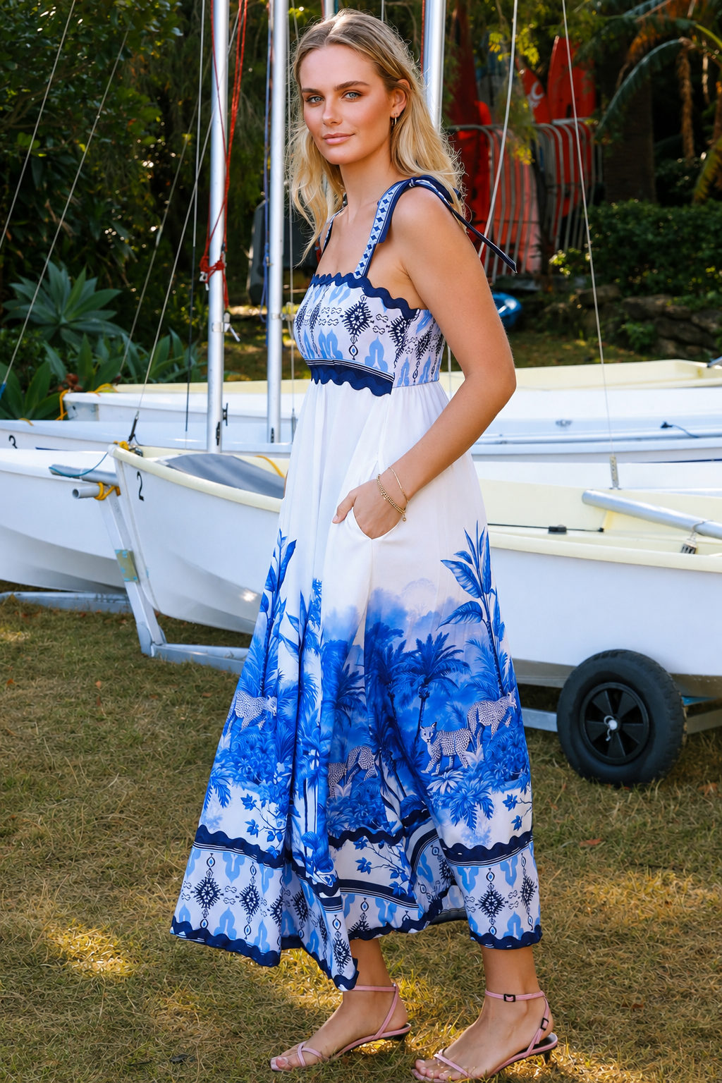 Blue and white floral boho maxi dress with statement border print at Bohemian Love Runway 