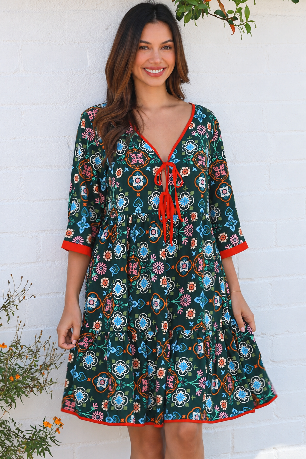 Emily rayon boho mini dress empire line waist, tie front with three quarter sleeves | Bohemian Love Runway 