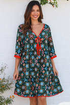 Emily rayon boho mini dress empire line waist, tie front with three quarter sleeves | Bohemian Love Runway 