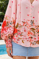 Blush pink border print rayon blouse with beaded tie neck shirred cuffs and lace yoke – Lucy Blouse Australia