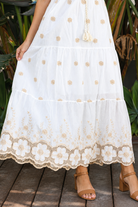 Honeyed Garden white cotton boho dress with ivory beige floral embroidery and lace detailing