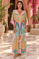 Amara pink turquoise floral paisley maxi dress by Dream Catcher with V-neck, kimono sleeves and border print