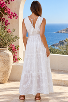 Demi white embroidered cotton boho maxi dress with crochet lace by Salty Palm at Bohemian Love Runway