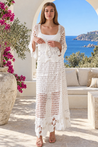 Sienna white crochet two-piece set by Willow the Label with floral crochet top and matching maxi skirt