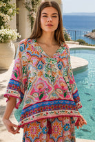 Dreamcatcher Aurora Floral Top Pink Mosaic with botanical mosaic print and cotton lace edging