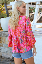 Sintra pink floral boho top with V-neck, button front, ties and three-quarter bell sleeves