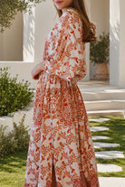 Shop Cinnamon V-Neck Kimono Sleeve Maxi Dress in rayon with a warm boho print at Bohemian Love Runway Australia