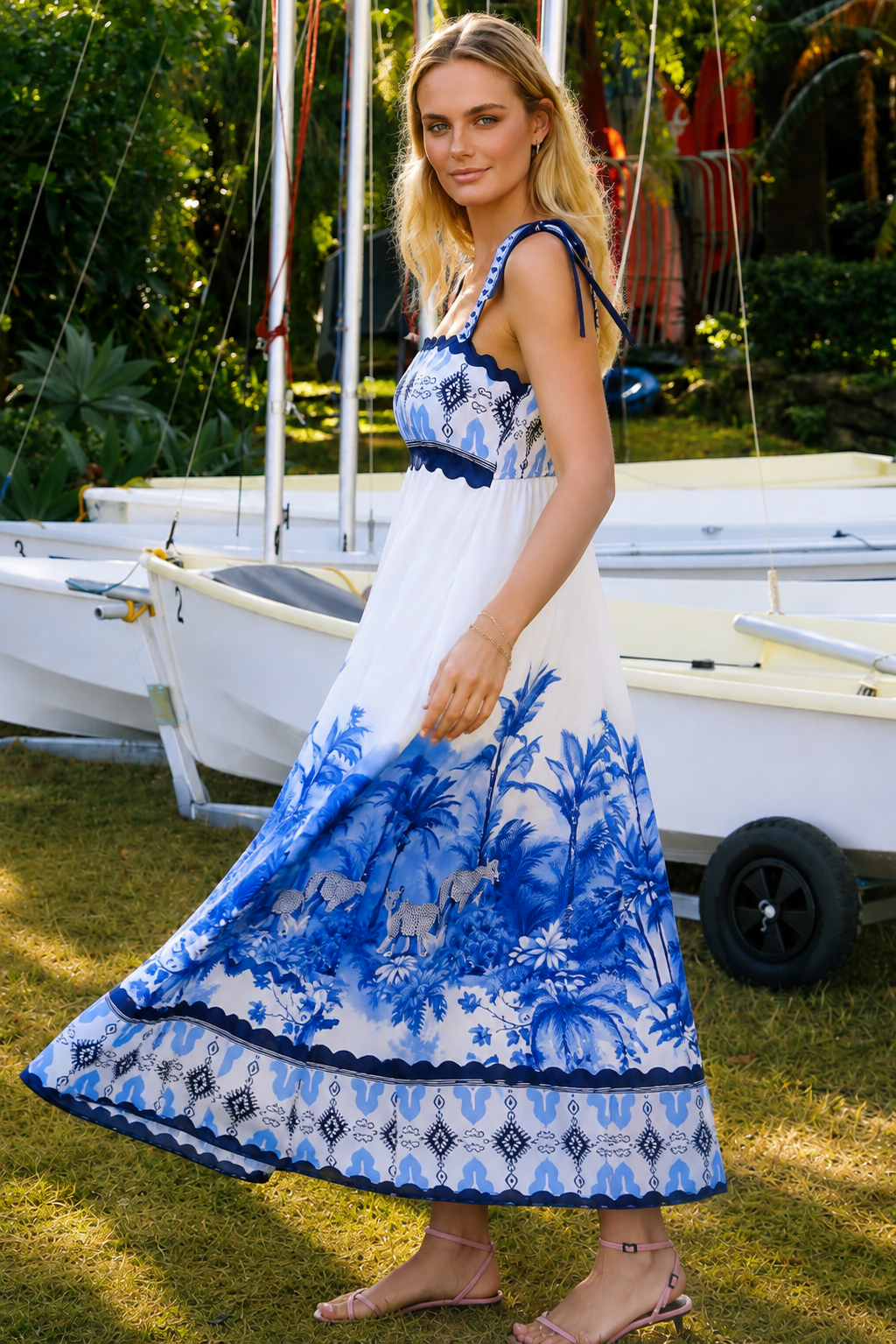 Blue and white floral boho maxi dress with statement border print at Bohemian Love Runway 