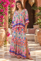 Dreamcatcher Aurora Pink Mosaic maxi skirt with elastic tie waist and oversized frill hemline | Bohemian Love Runway 