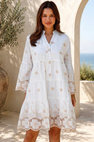 Honeyed Garden white cotton embroidered mini dress with floral cutwork hem and sleeves at Bohemian Love Runway