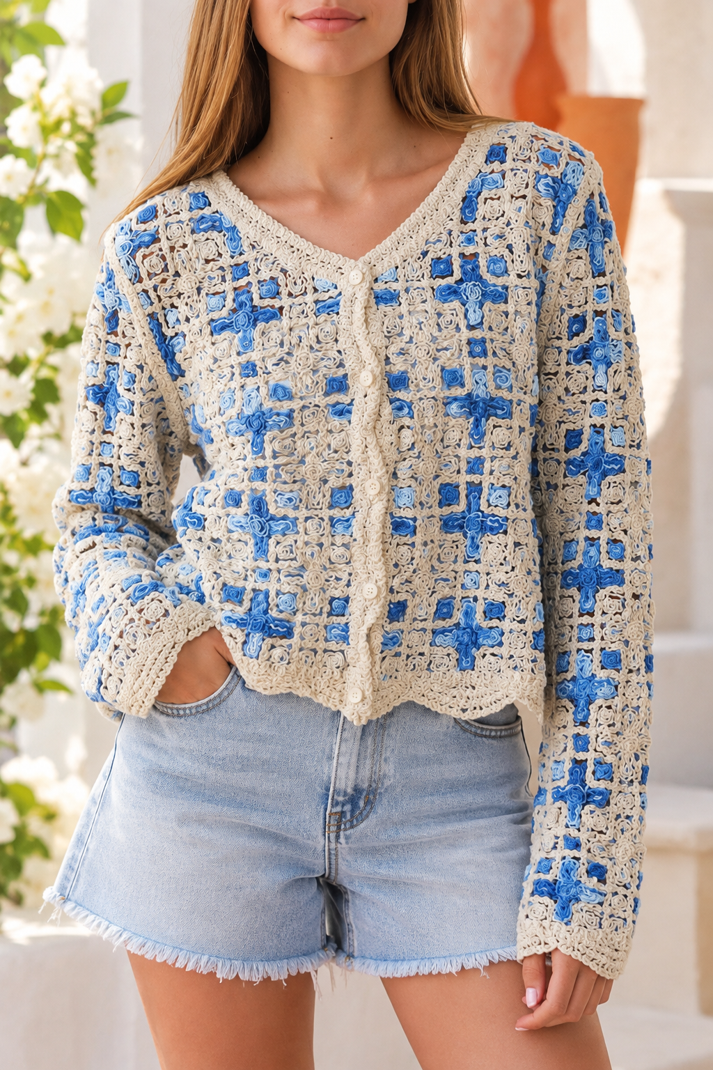 Blue and ivory cotton crochet boho cardigan with intricate open weave, V-neck, buttons and scalloped edging
