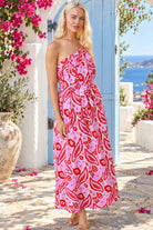 Eve pink paisley one shoulder maxi dress by Dreamcatcher in 100% rayon with tie waist and floral print