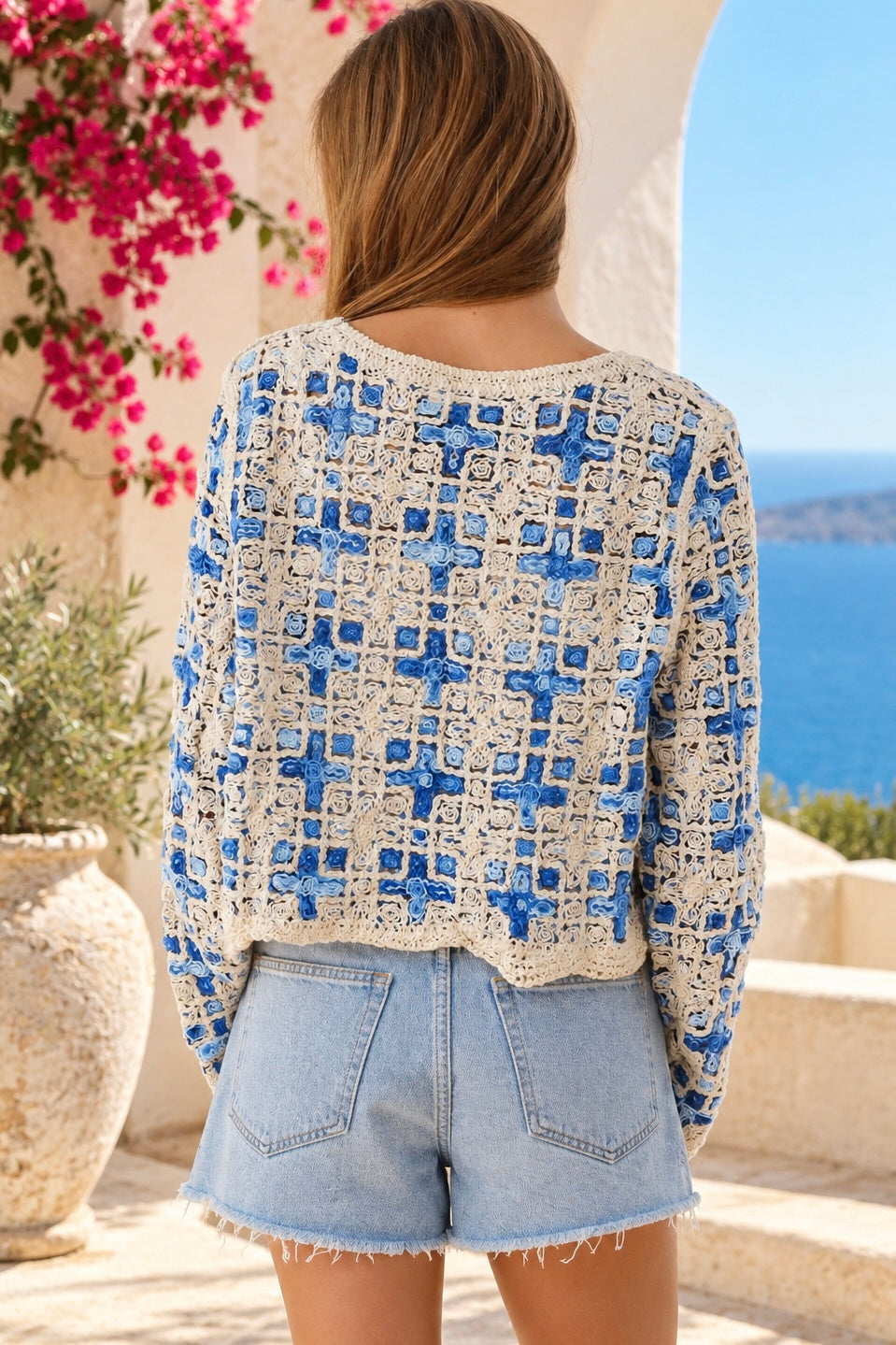 Blue and ivory cotton crochet boho cardigan with intricate open weave, V-neck, buttons and scalloped edging