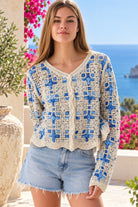 Blue and ivory cotton crochet boho cardigan with intricate open weave, V-neck, buttons and scalloped edging