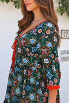 Emily rayon boho mini dress empire line waist, tie front with three quarter sleeves | Bohemian Love Runway 