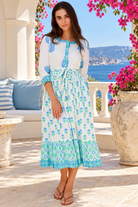Lovebird Cotton Midi Dress Blue by Peacock Feather, white cotton boho midi dress with blue floral and border prints