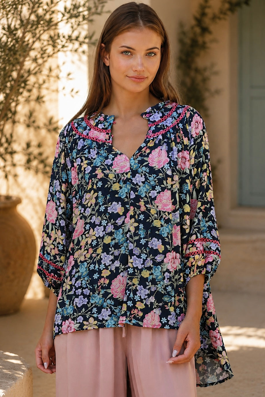 Primrose navy floral boho blouse in 100% rayon by Charlotte The Label | Bohemian Love Runway