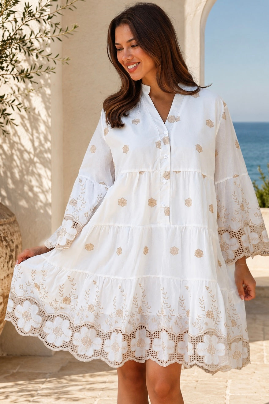Honeyed Garden white cotton embroidered mini dress with floral cutwork hem and sleeves at Bohemian Love Runway