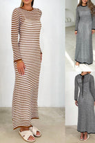 Woman wearing brown and white striped knit maxi dress with long sleeves and round neckline - boho cotton bodycon dress Australia.