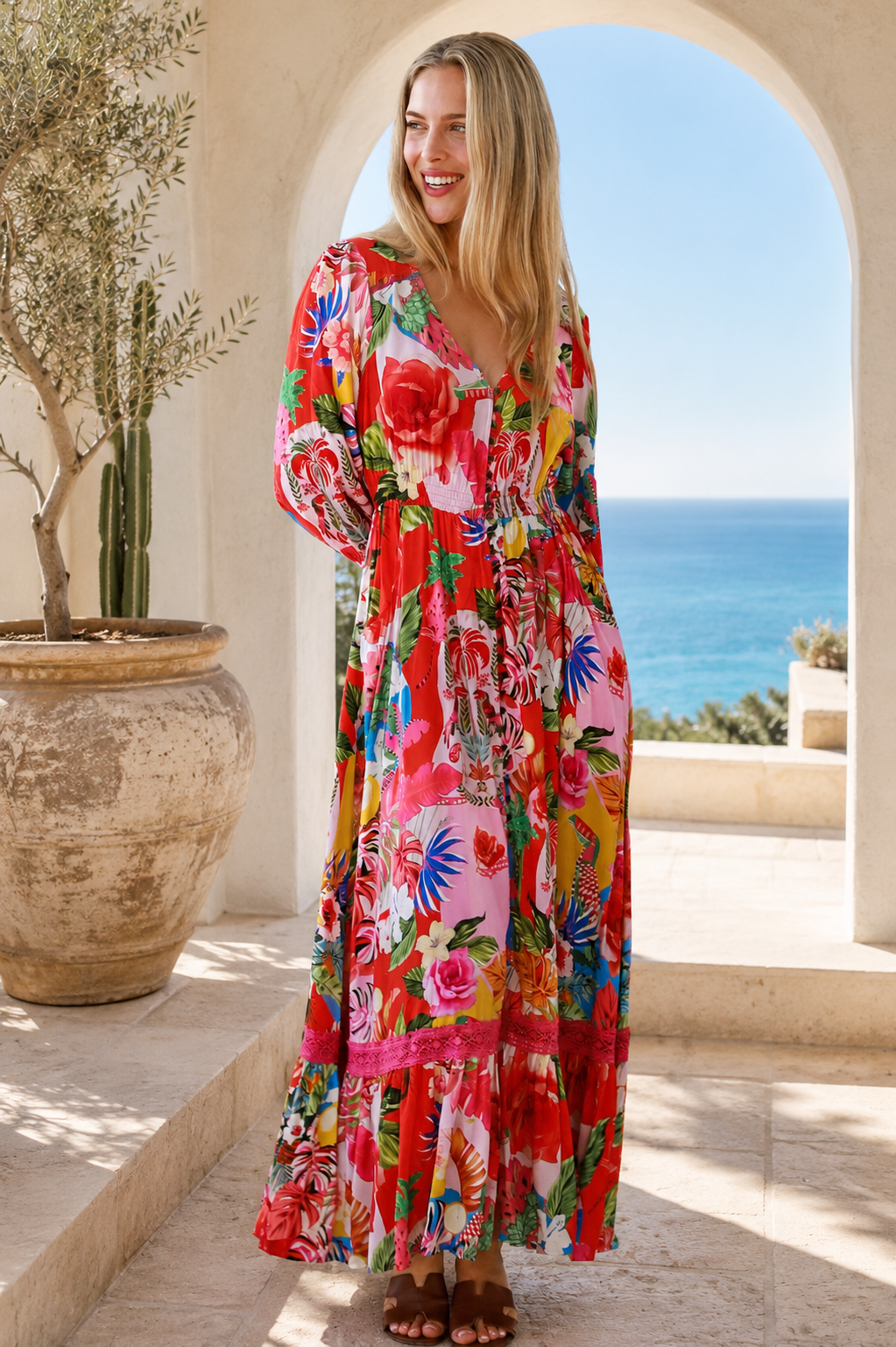 Scarlet floral long sleeve boho maxi dress with V-neck, buttons, elastic waist and lace detail at Bohemian Love Runway