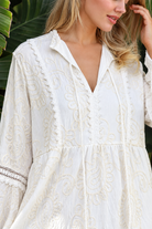 Serafina white cotton mini dress with ivory embroidery and lace sleeves at Bohemian Love Runway 