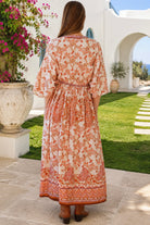 Shop Cinnamon V-Neck Kimono Sleeve Maxi Dress in rayon with a warm boho print at Bohemian Love Runway Australia